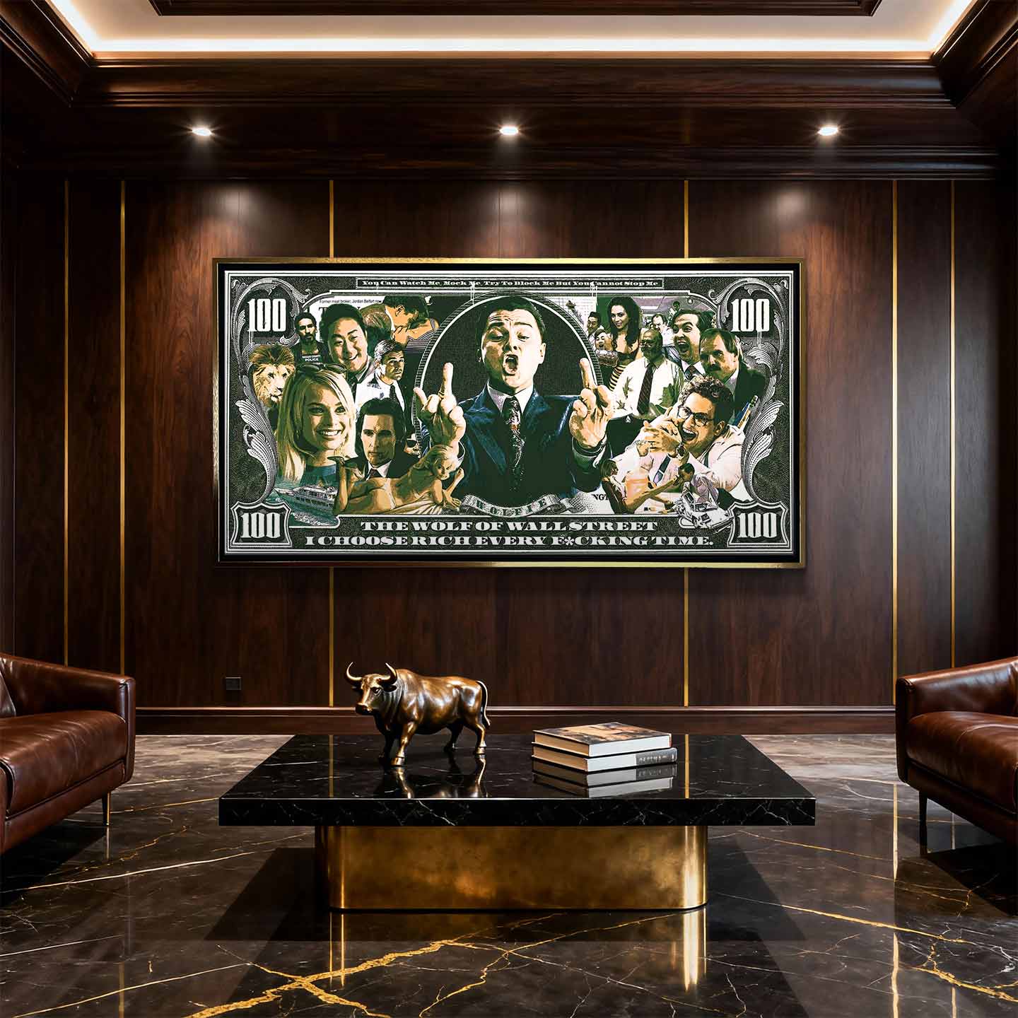 Obraz na płótnie przedstawiający sceny z filmu The Wolf of Wall Street w stylu banknotu 100 dolarów z napisem „I choose rich every time”