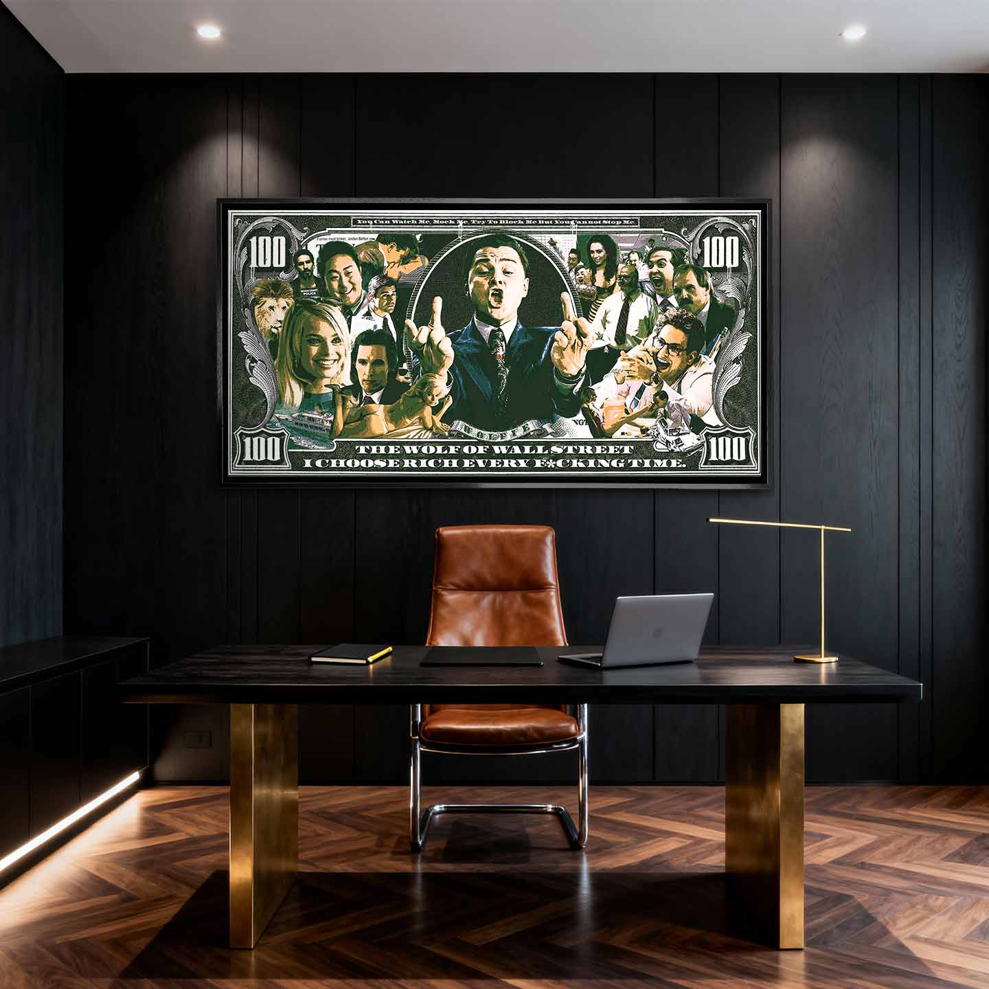 Obraz na płótnie przedstawiający sceny z filmu The Wolf of Wall Street w stylu banknotu 100 dolarów z napisem „I choose rich every time”
