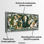Obraz na płótnie przedstawiający sceny z filmu The Wolf of Wall Street w stylu banknotu 100 dolarów z napisem „I choose rich every time”