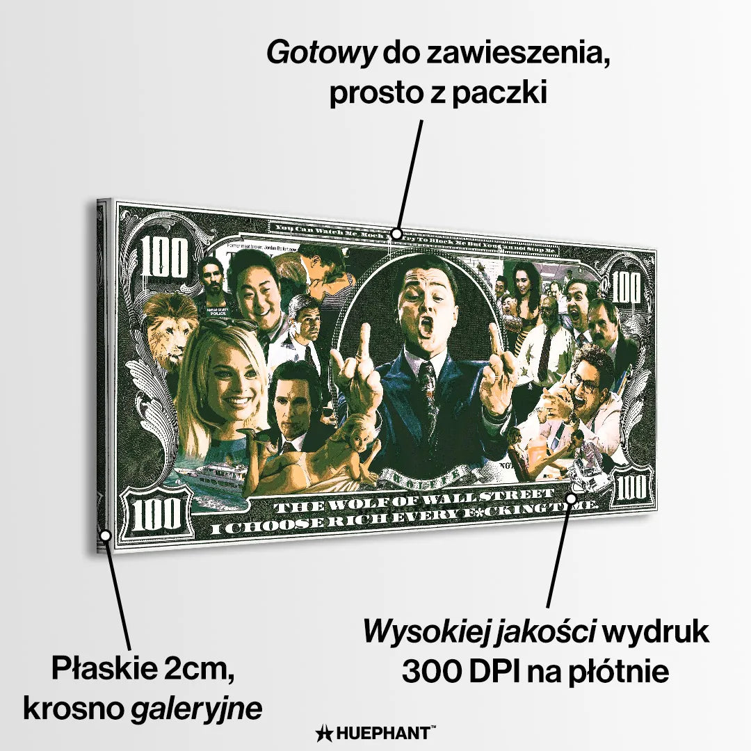 Obraz na płótnie przedstawiający sceny z filmu The Wolf of Wall Street w stylu banknotu 100 dolarów z napisem „I choose rich every time”