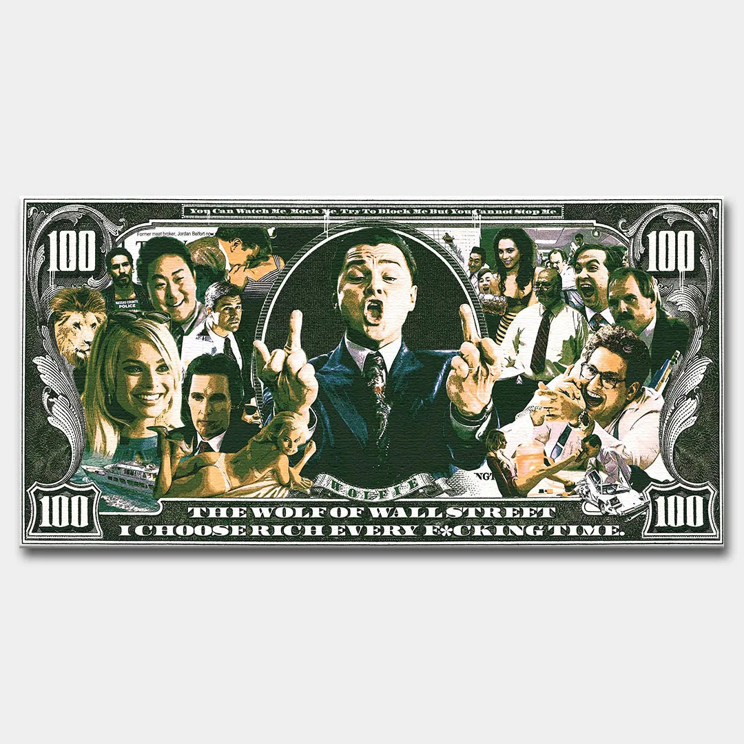 Obraz na płótnie przedstawiający sceny z filmu The Wolf of Wall Street w stylu banknotu 100 dolarów z napisem „I choose rich every time”
