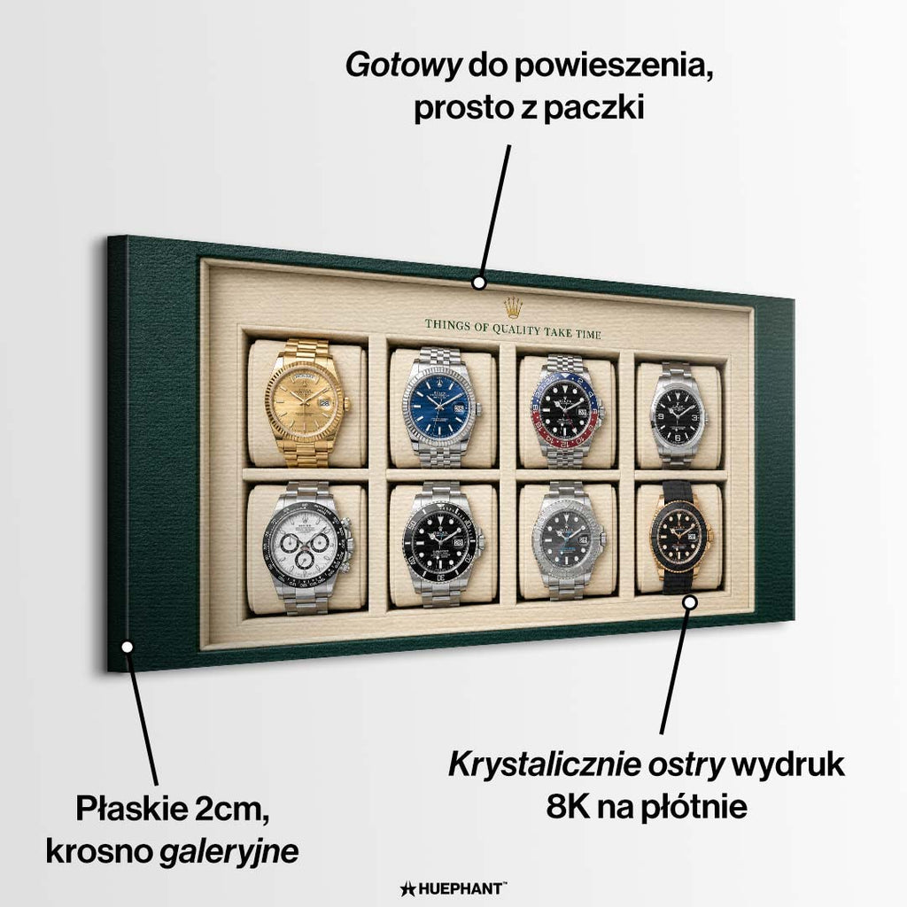 Luksusowy obraz na płótnie przedstawiający kolekcję prestiżowych zegarków w zielonym etui z napisem Things of Quality Take Time.