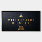 Motywacyjny obraz na płótnie z eleganckim złotym napisem Think Like A Millionaire Hustle Like You're Broke na czarnym tle, wydruk galeryjny do biura.