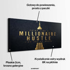 Motywacyjny obraz na płótnie z eleganckim złotym napisem Think Like A Millionaire Hustle Like You're Broke na czarnym tle, wydruk galeryjny do biura.