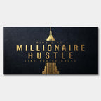 Motywacyjny obraz na płótnie z eleganckim złotym napisem Think Like A Millionaire Hustle Like You're Broke na czarnym tle, wydruk galeryjny do biura.