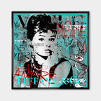 Nowoczesny obraz na płótnie Audrey Hepburn i Królik Bugs, styl pop-art i graffiti, turkusowe tło, wydruk galeryjny Huephant, sztuka do biura i salonu.
