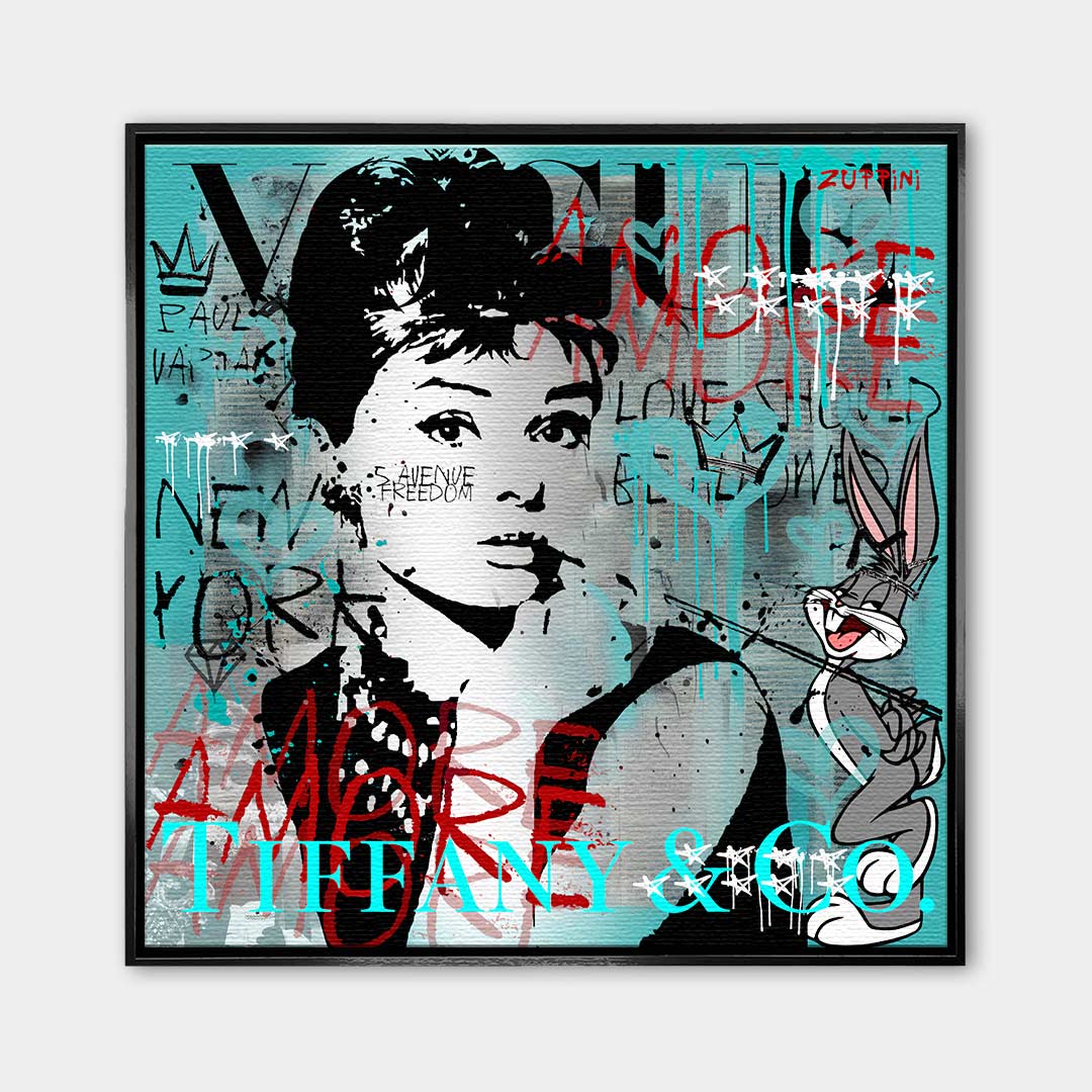 Nowoczesny obraz na płótnie Audrey Hepburn i Królik Bugs, styl pop-art i graffiti, turkusowe tło, wydruk galeryjny Huephant, sztuka do biura i salonu.