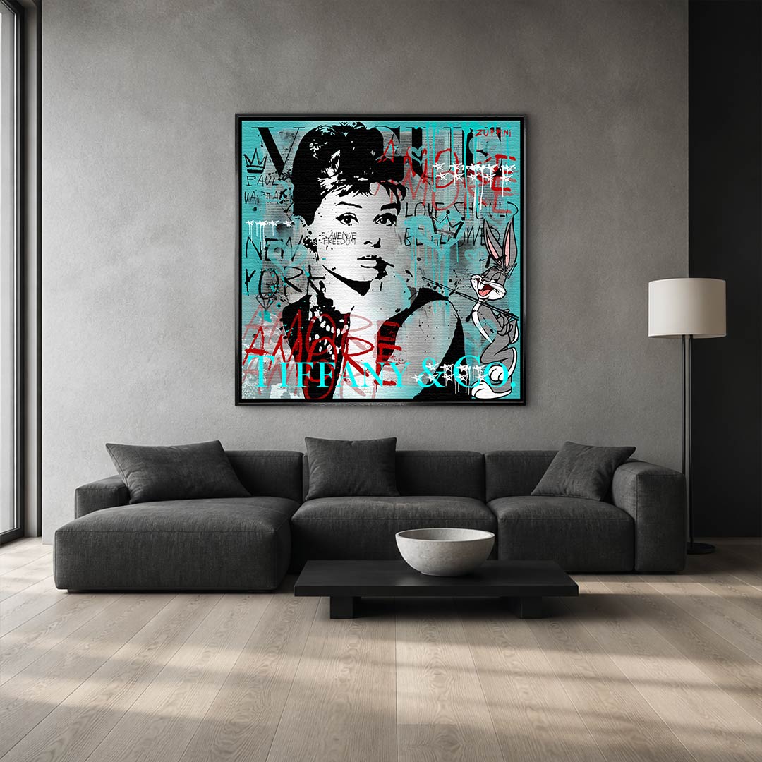 Nowoczesny obraz na płótnie Audrey Hepburn i Królik Bugs, styl pop-art i graffiti, turkusowe tło, wydruk galeryjny Huephant, sztuka do biura i salonu.