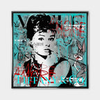 Nowoczesny obraz na płótnie Audrey Hepburn i Królik Bugs, styl pop-art i graffiti, turkusowe tło, wydruk galeryjny Huephant, sztuka do biura i salonu.