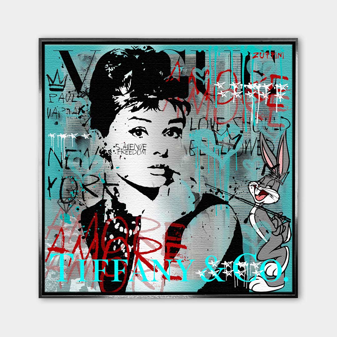 Nowoczesny obraz na płótnie Audrey Hepburn i Królik Bugs, styl pop-art i graffiti, turkusowe tło, wydruk galeryjny Huephant, sztuka do biura i salonu.