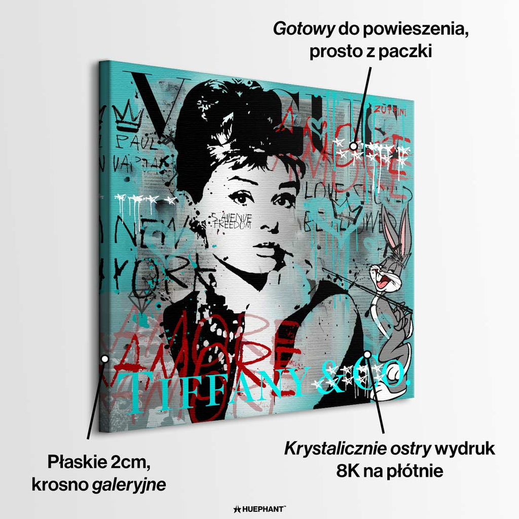 Nowoczesny obraz na płótnie Audrey Hepburn i Królik Bugs, styl pop-art i graffiti, turkusowe tło, wydruk galeryjny Huephant, sztuka do biura i salonu.