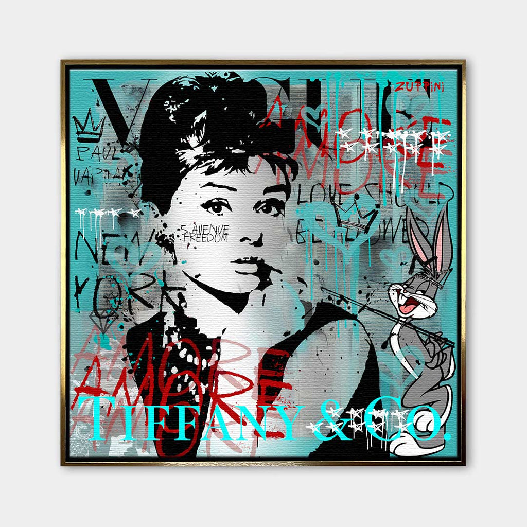 Nowoczesny obraz na płótnie Audrey Hepburn i Królik Bugs, styl pop-art i graffiti, turkusowe tło, wydruk galeryjny Huephant, sztuka do biura i salonu.