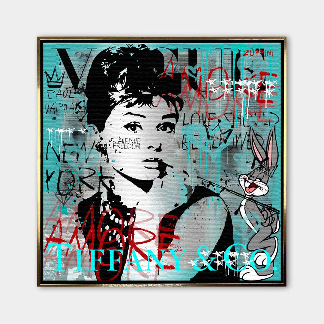 Nowoczesny obraz na płótnie Audrey Hepburn i Królik Bugs, styl pop-art i graffiti, turkusowe tło, wydruk galeryjny Huephant, sztuka do biura i salonu.