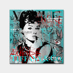 Nowoczesny obraz na płótnie Audrey Hepburn i Królik Bugs, styl pop-art i graffiti, turkusowe tło, wydruk galeryjny Huephant, sztuka do biura i salonu.