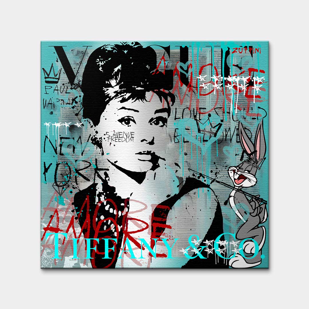 Nowoczesny obraz na płótnie Audrey Hepburn i Królik Bugs, styl pop-art i graffiti, turkusowe tło, wydruk galeryjny Huephant, sztuka do biura i salonu.
