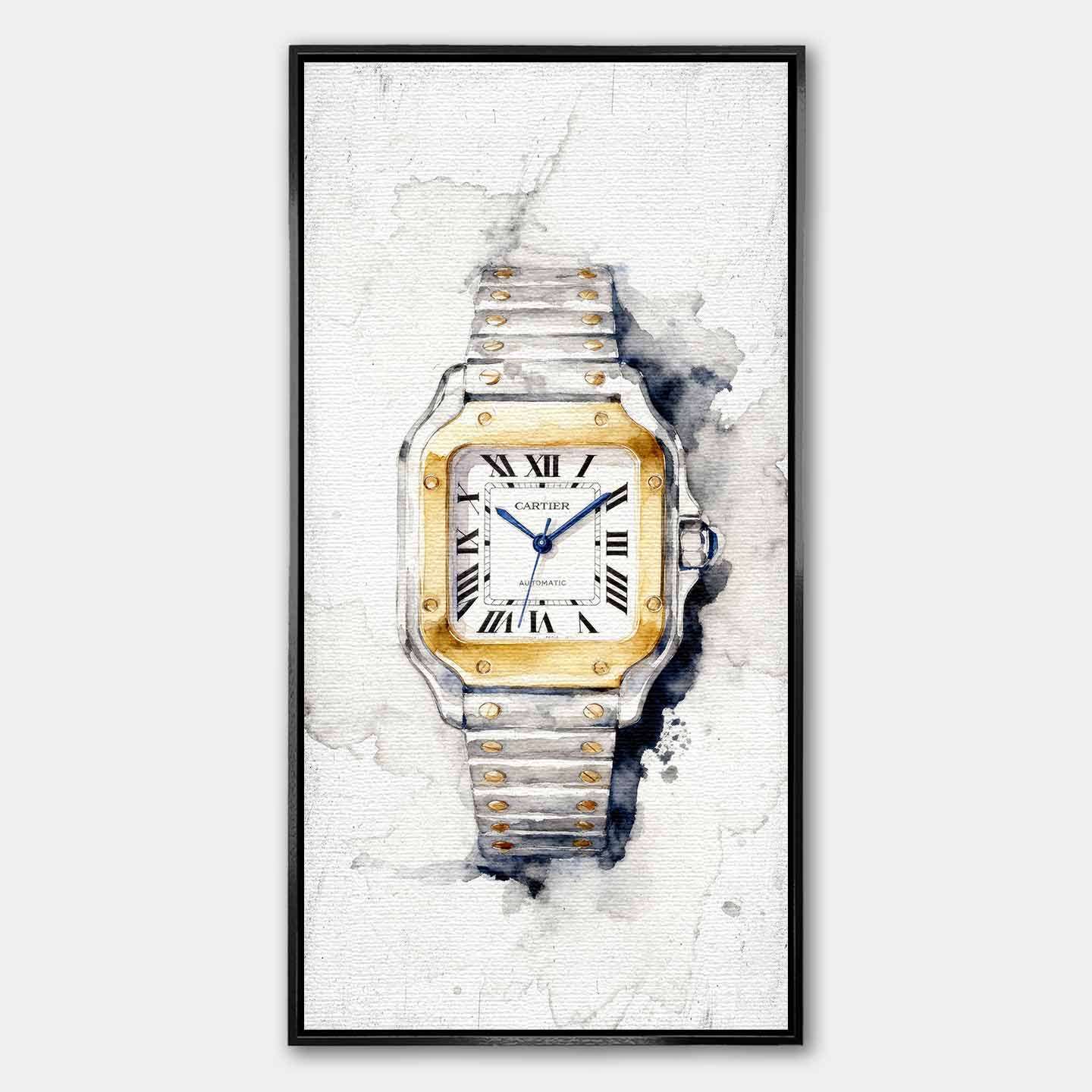 Obraz na płótnie Timeless Watch z luksusowym srebrno-złotym zegarkiem na jasnym akwarelowym tle, elegancki wydruk galeryjny.