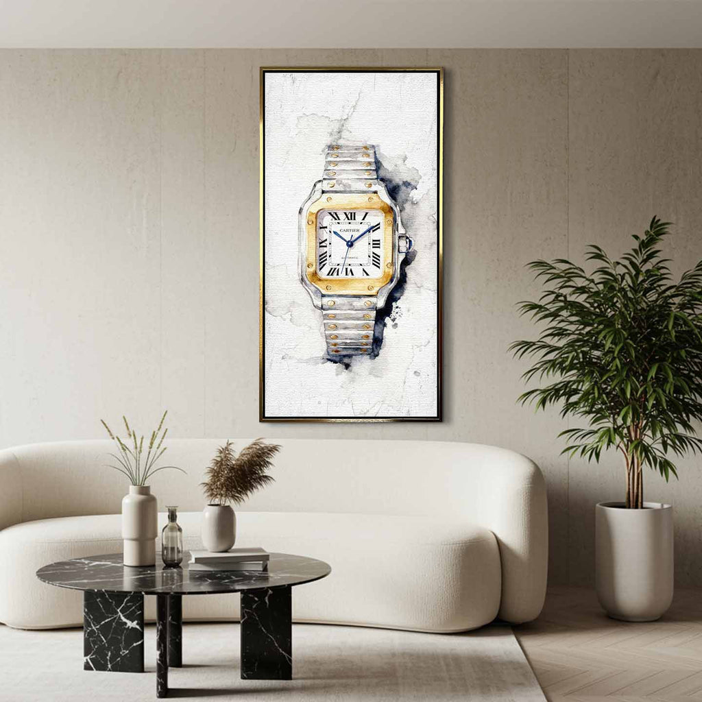 Obraz na płótnie Timeless Watch z luksusowym srebrno-złotym zegarkiem na jasnym akwarelowym tle, elegancki wydruk galeryjny.