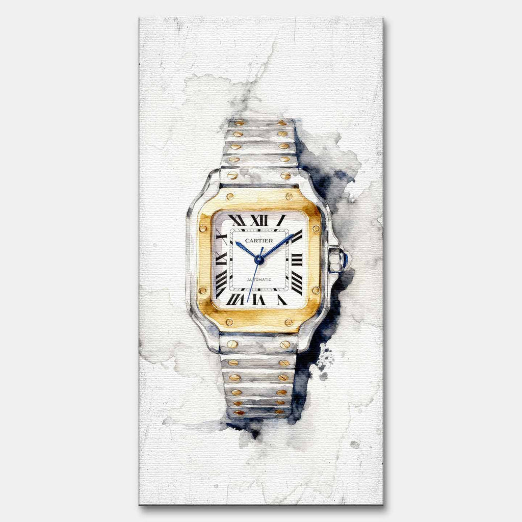 Obraz na płótnie Timeless Watch z luksusowym srebrno-złotym zegarkiem na jasnym akwarelowym tle, elegancki wydruk galeryjny.