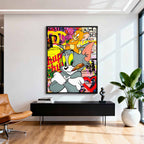 Obraz na płótnie Tom i Jerry Cigarette Break z motywami Chanel i graffiti, przedstawiający Toma z cygarem i Jerry’ego z pieniędzmi, w stylu pop-art.
