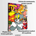 Obraz na płótnie Tom i Jerry Cigarette Break z motywami Chanel i graffiti, przedstawiający Toma z cygarem i Jerry’ego z pieniędzmi, w stylu pop-art.