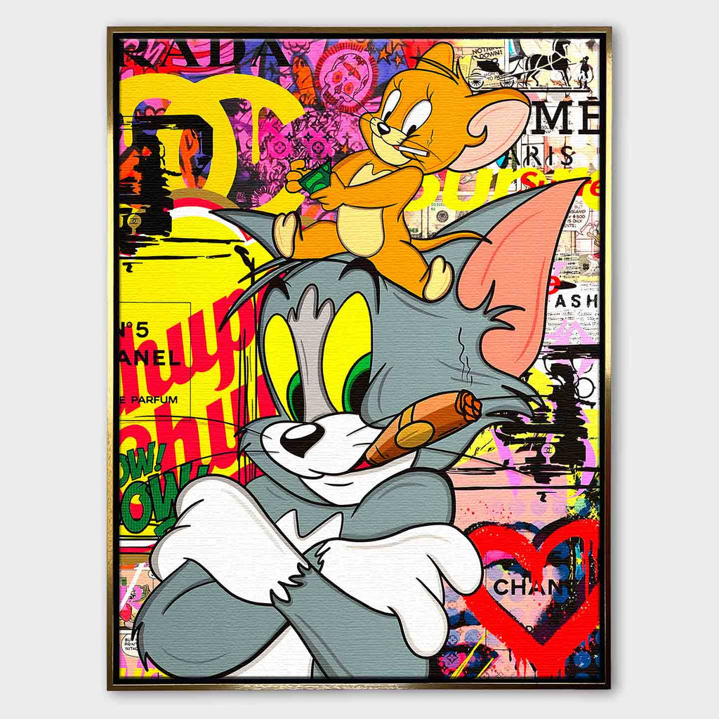 Obraz na płótnie Tom i Jerry Cigarette Break z motywami Chanel i graffiti, przedstawiający Toma z cygarem i Jerry’ego z pieniędzmi, w stylu pop-art.