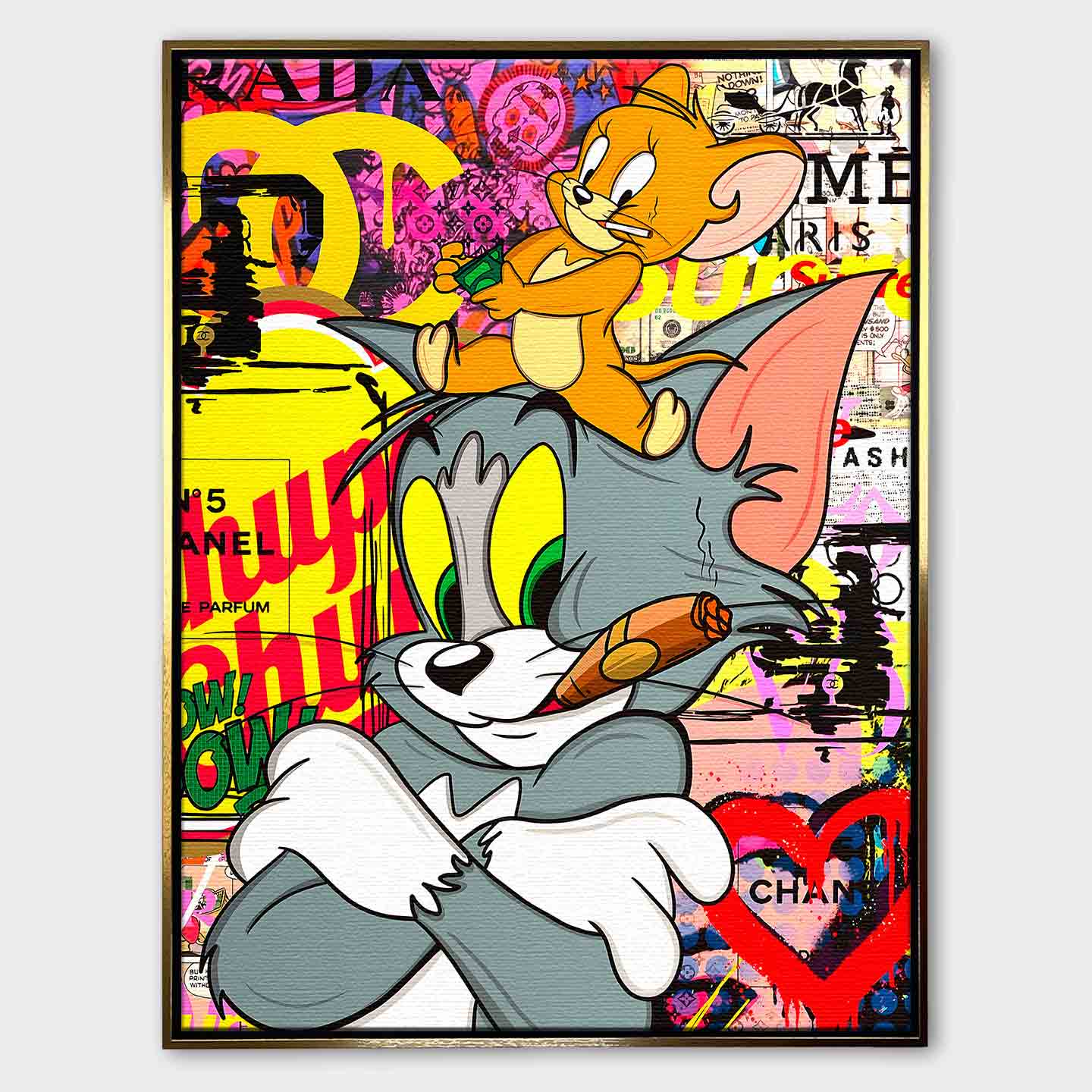 Obraz na płótnie Tom i Jerry Cigarette Break z motywami Chanel i graffiti, przedstawiający Toma z cygarem i Jerry’ego z pieniędzmi, w stylu pop-art.
