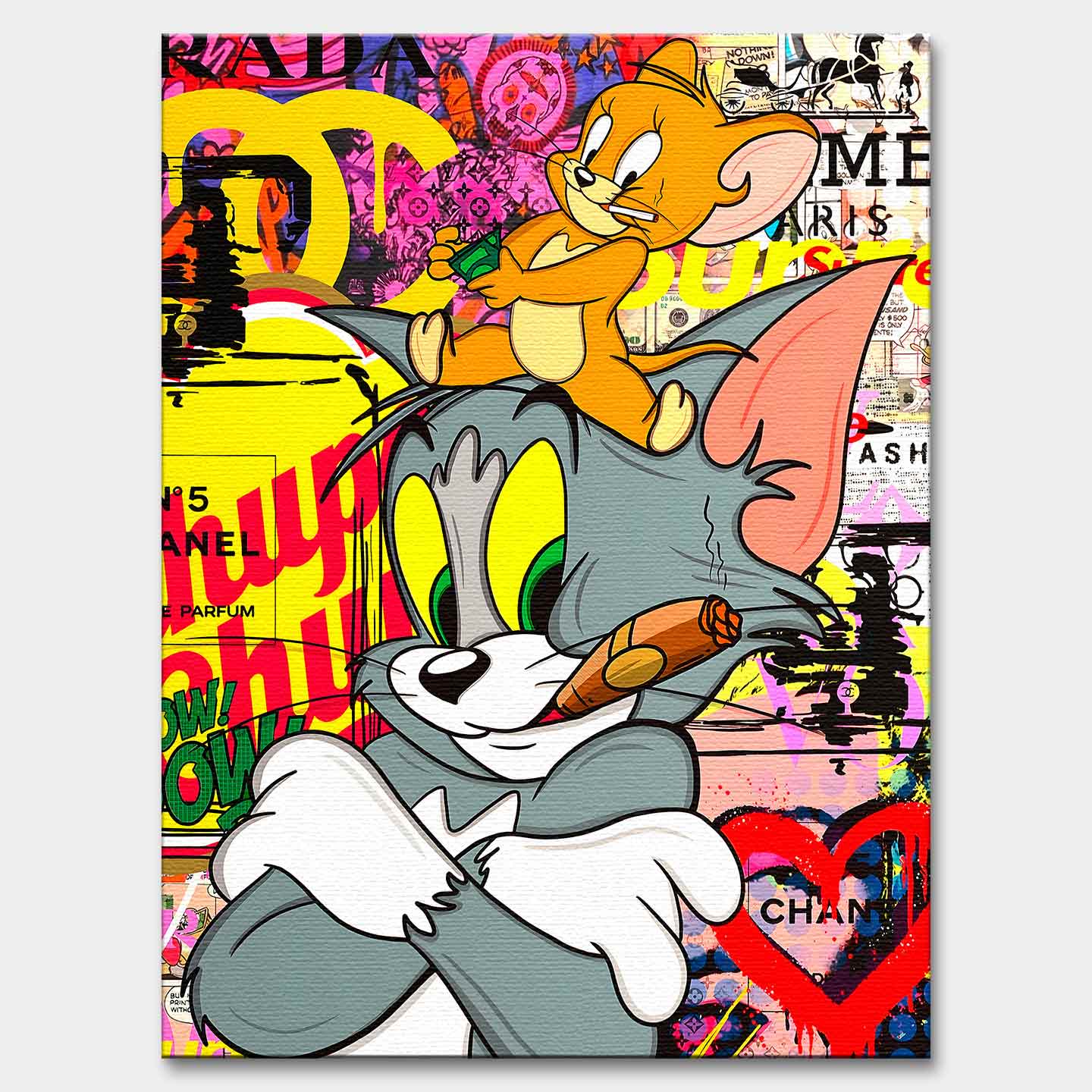 Obraz na płótnie Tom i Jerry Cigarette Break z motywami Chanel i graffiti, przedstawiający Toma z cygarem i Jerry’ego z pieniędzmi, w stylu pop-art.