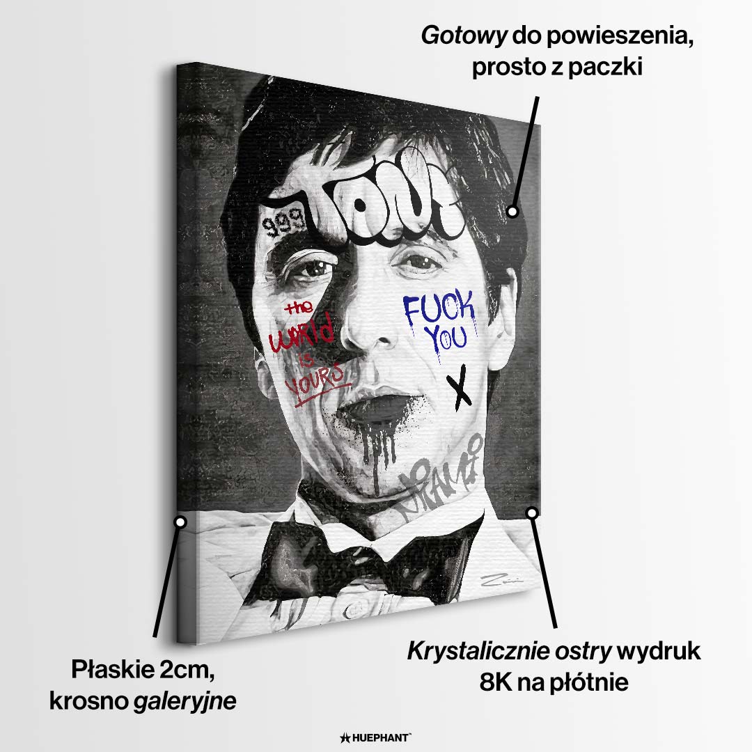 Czarno-biały obraz na płótnie Tony Montana Miami z filmu Człowiek z blizną. Wydruk galeryjny pop art z graffiti, napisem Tony i czerwonym tekstem The world is yours.