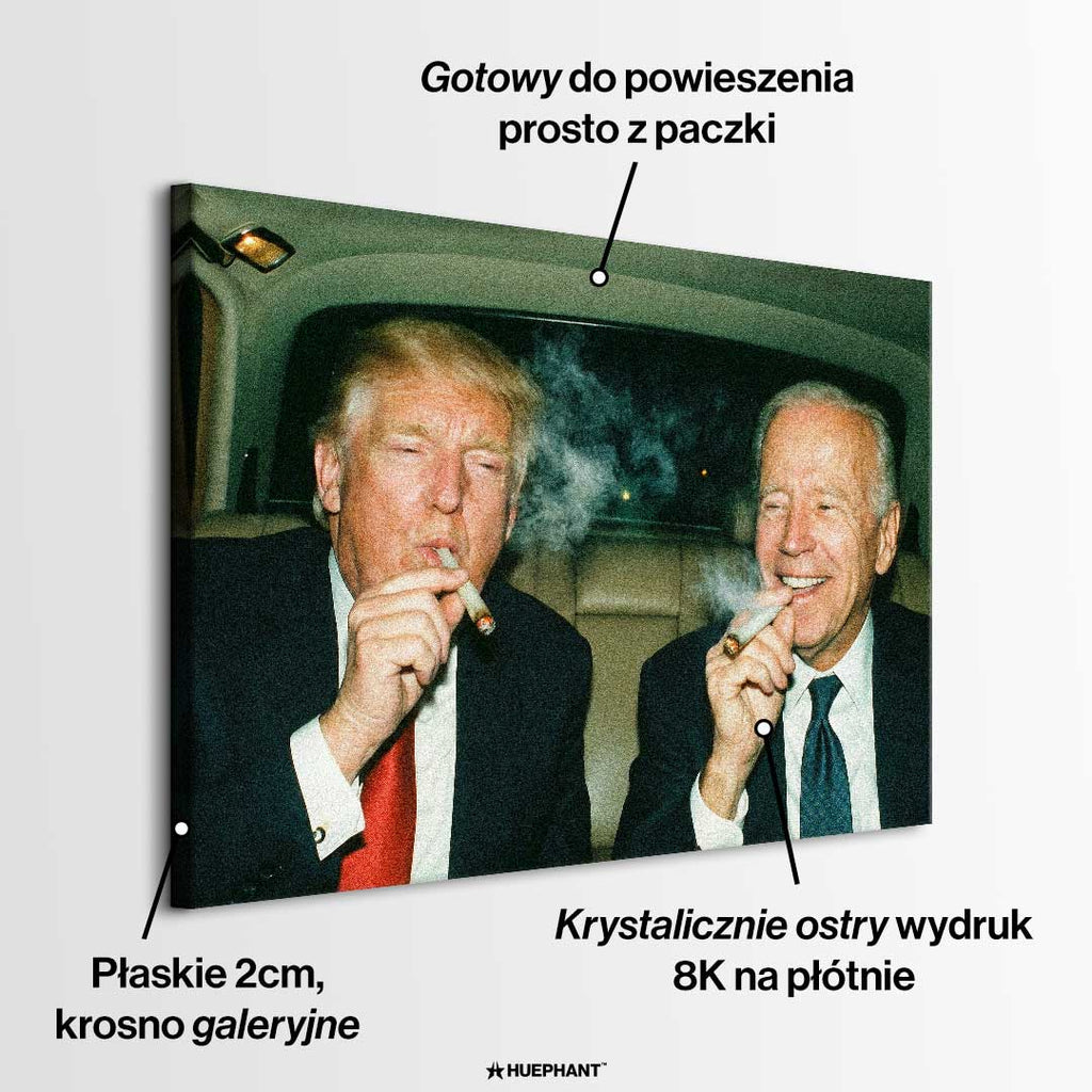 Obraz na płótnie przedstawiający Donald Trump i Joe Biden - dwóch wpływowych mężczyzn w garniturach siedzących w samochodzie i palących jointa, symbol władzy, zakulisowych decyzji i dystansu do oficjalnych reguł.