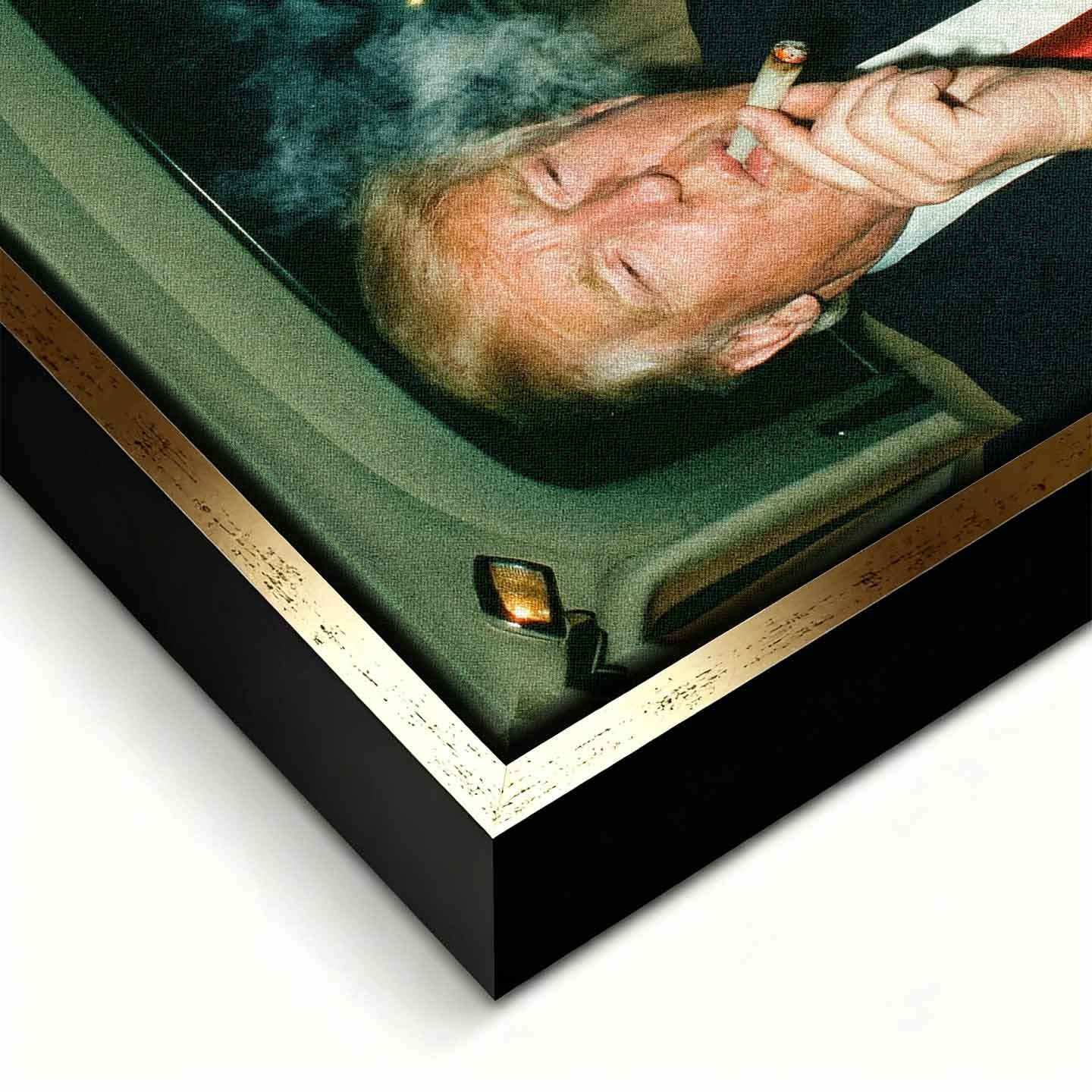 Obraz na płótnie przedstawiający Donald Trump i Joe Biden - dwóch wpływowych mężczyzn w garniturach siedzących w samochodzie i palących jointa, symbol władzy, zakulisowych decyzji i dystansu do oficjalnych reguł.