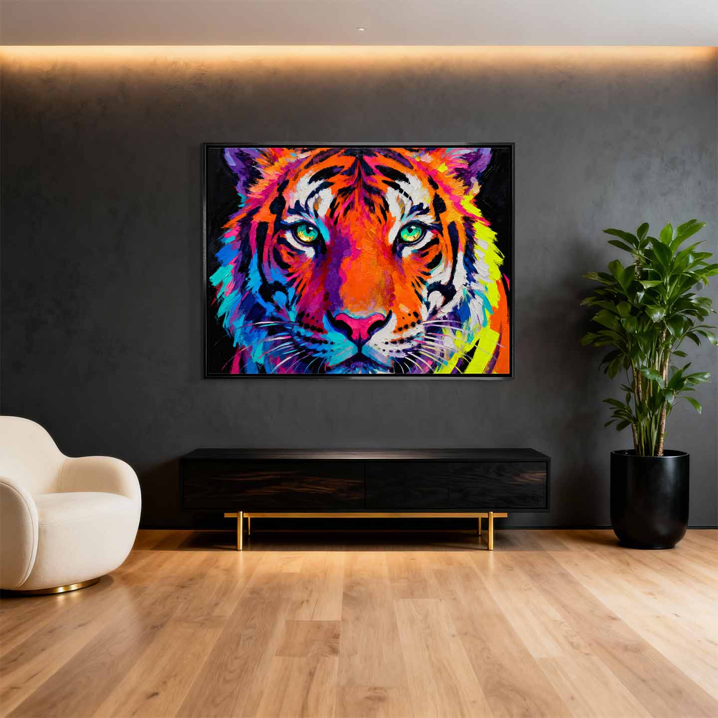 Kolorowy obraz na płótnie z tygrysem Tiger Pop Art – portret tygrysa w intensywnych barwach, symbol siły, odwagi i indywidualizmu