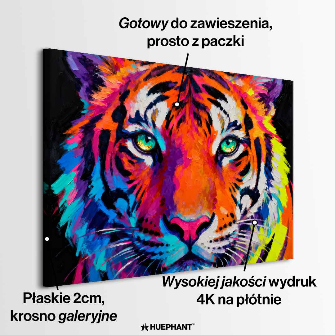 Kolorowy obraz na płótnie z tygrysem Tiger Pop Art – portret tygrysa w intensywnych barwach, symbol siły, odwagi i indywidualizmu