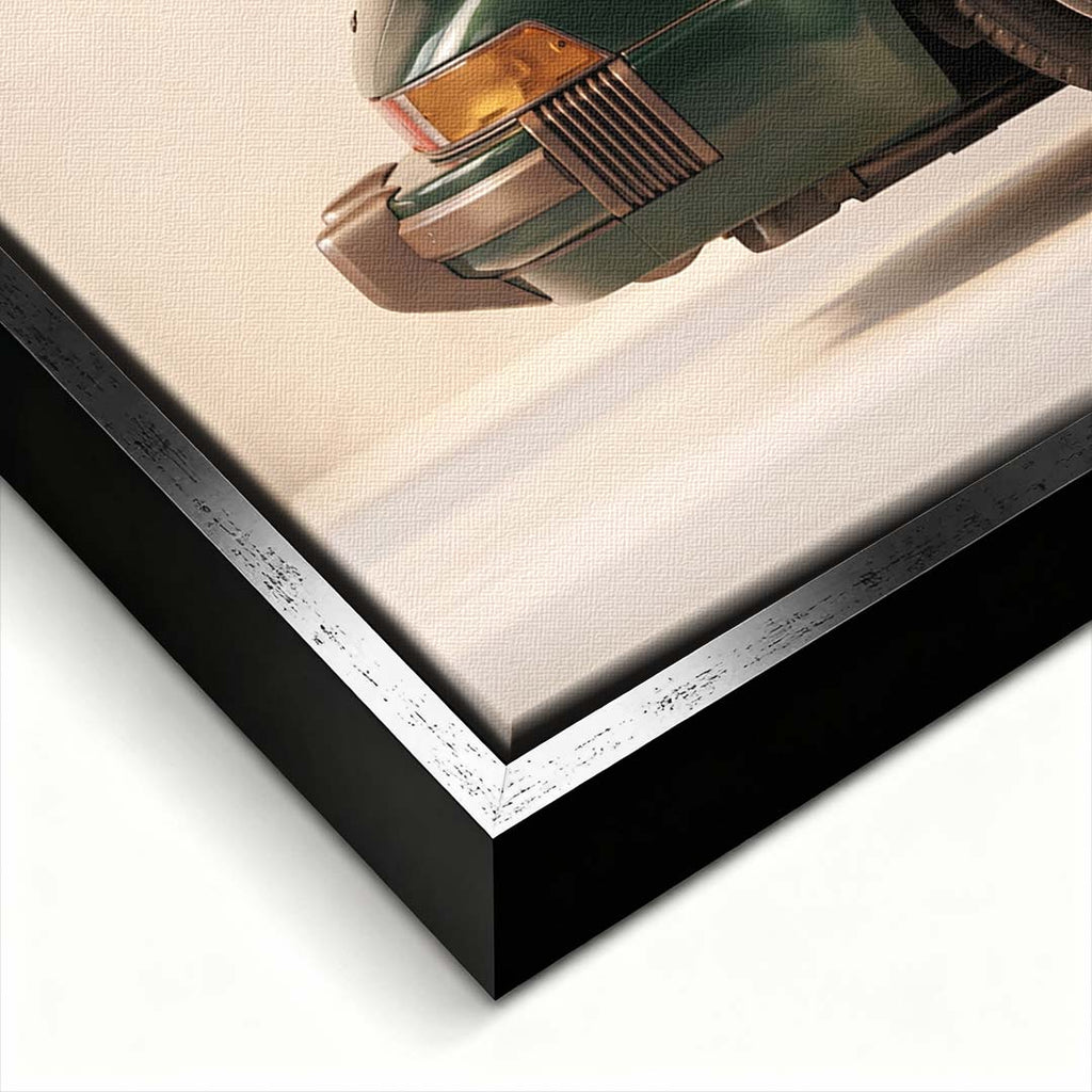 Obraz na płótnie Classic Spoiler przedstawiający zielony tył kultowego samochodu retro. Elegancki wydruk galeryjny dla miłośników klasycznej motoryzacji.
