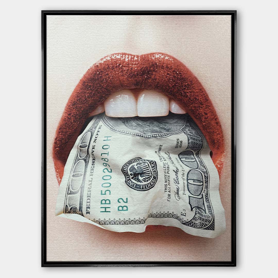 Nowoczesny obraz na płótnie usta-dolary przedstawiający kobiece usta trzymające w zębach studolarowy banknot, wydruk galeryjny pop-art.