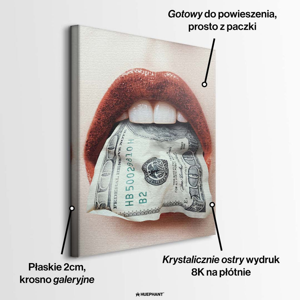 Nowoczesny obraz na płótnie usta-dolary przedstawiający kobiece usta trzymające w zębach studolarowy banknot, wydruk galeryjny pop-art.