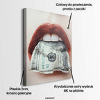 Nowoczesny obraz na płótnie usta-dolary przedstawiający kobiece usta trzymające w zębach studolarowy banknot, wydruk galeryjny pop-art.