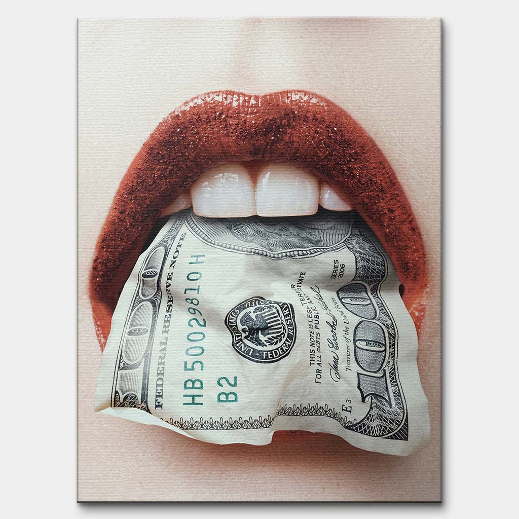 Nowoczesny obraz na płótnie usta-dolary przedstawiający kobiece usta trzymające w zębach studolarowy banknot, wydruk galeryjny pop-art.