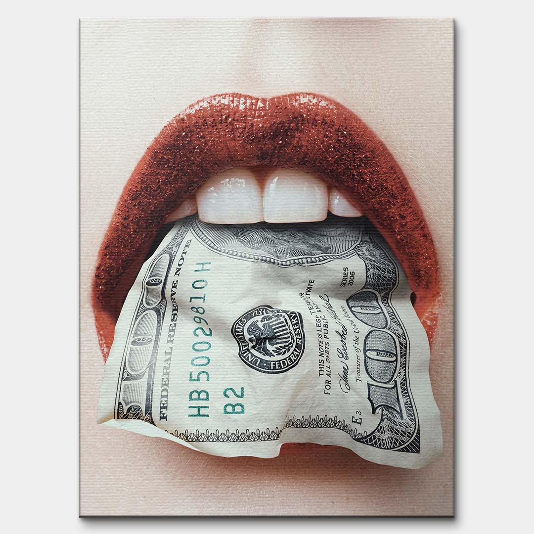 Nowoczesny obraz na płótnie usta-dolary przedstawiający kobiece usta trzymające w zębach studolarowy banknot, wydruk galeryjny pop-art.