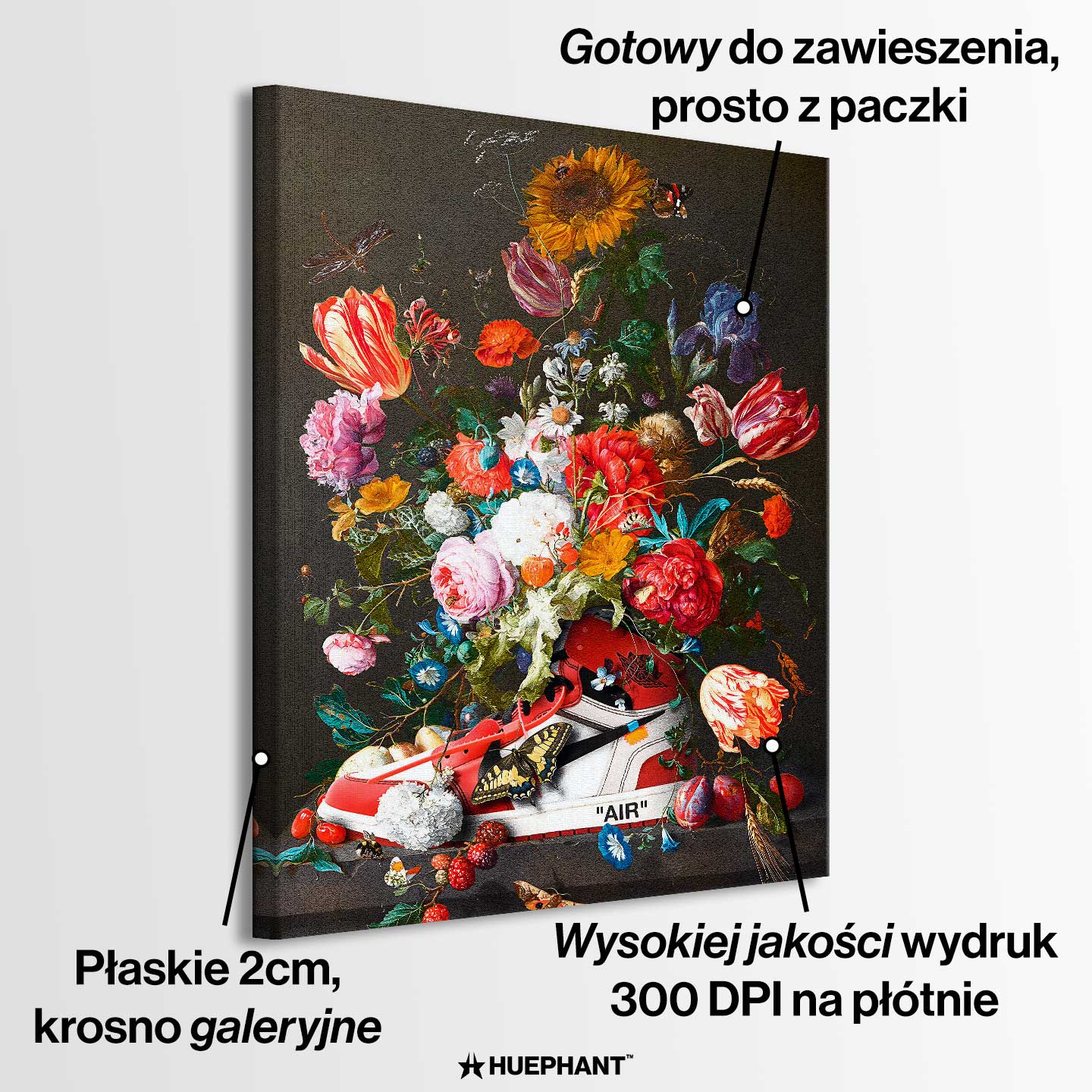 Obraz na płótnie „vAIRnitas Red” przedstawiający czerwony sneaker Nike Air Jordan otoczony kompozycją barwnych kwiatów i owoców, w stylu vanitas z elementami streetwearu.