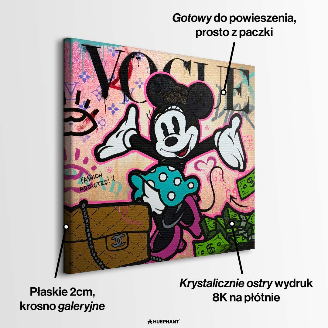 Nowoczesny obraz na płótnie pop-art przedstawiający postać myszki na tle napisu Vogue i elementów modowych. Wydruk galeryjny.