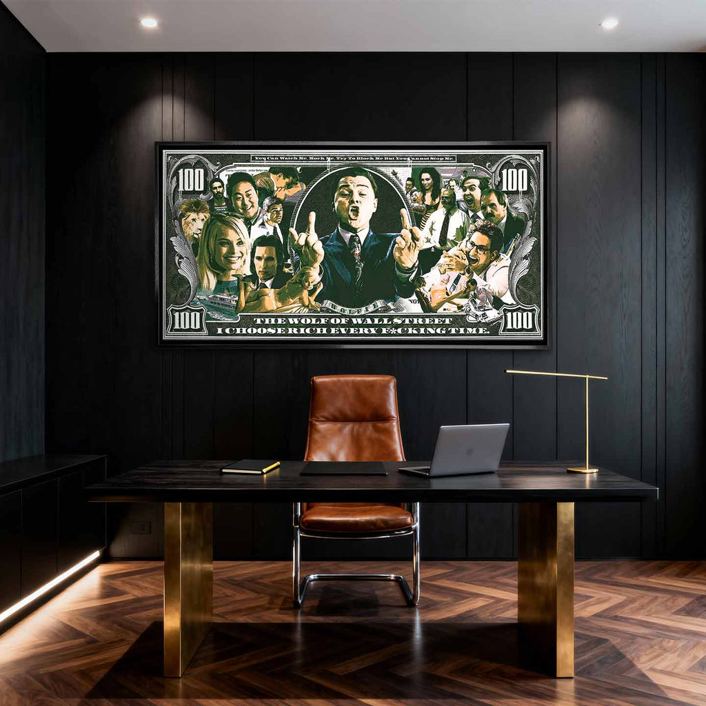 Obraz na płótnie przedstawiający sceny z filmu o Wall Street w stylu banknotu 100 dolarów z napisem „I choose rich every time”