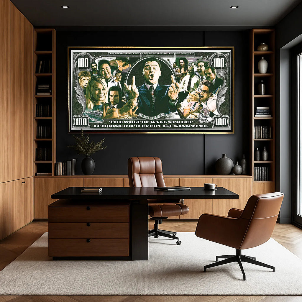 Obraz na płótnie przedstawiający sceny z filmu o Wall Street w stylu banknotu 100 dolarów z napisem „I choose rich every time”
