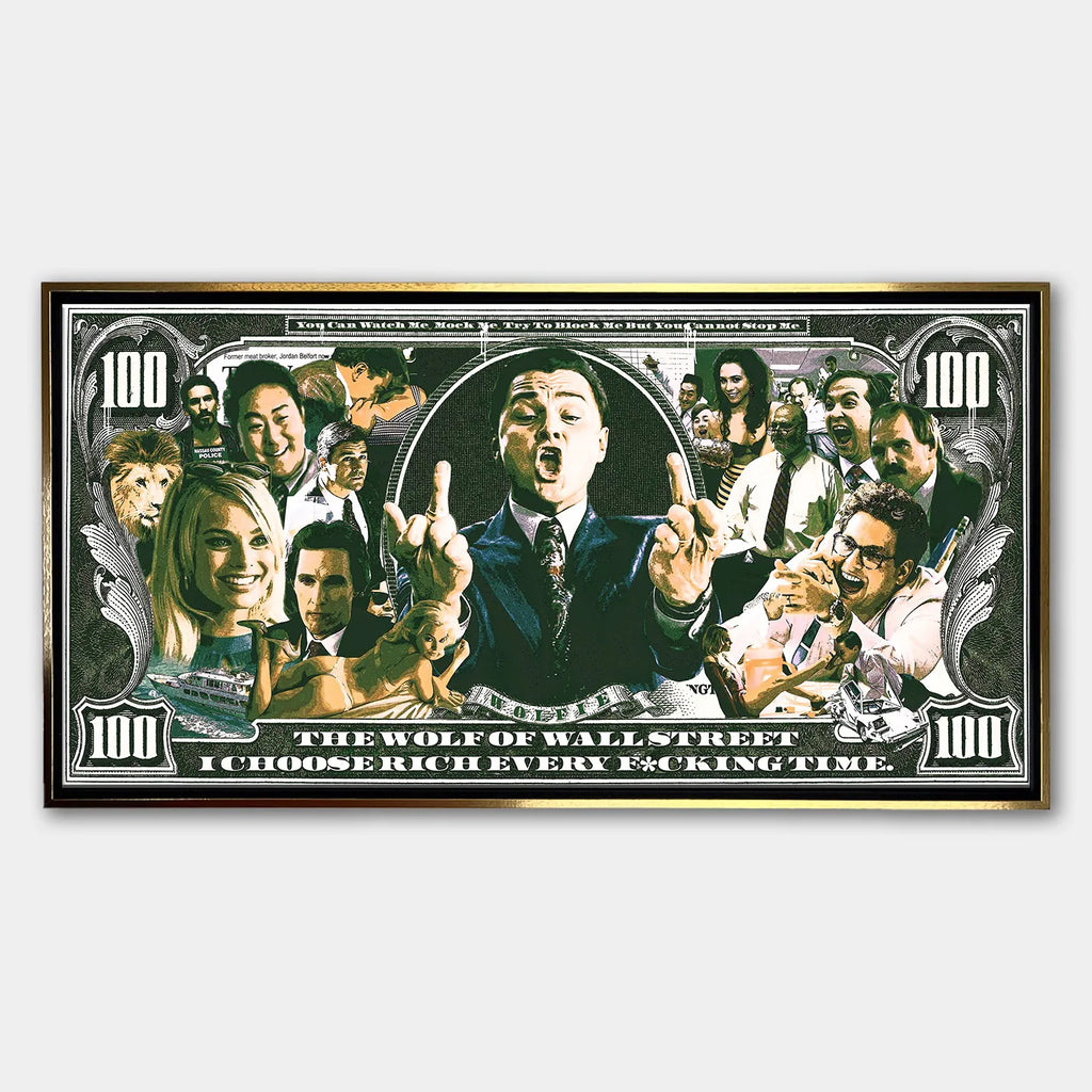 Obraz na płótnie przedstawiający sceny z filmu o Wall Street w stylu banknotu 100 dolarów z napisem „I choose rich every time”