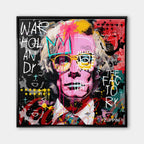 Nowoczesny obraz na płótnie z portretem Andy'ego Warhola w stylu pop-art i street art z napisami graffiti. Wydruk galeryjny, marka Huephant.