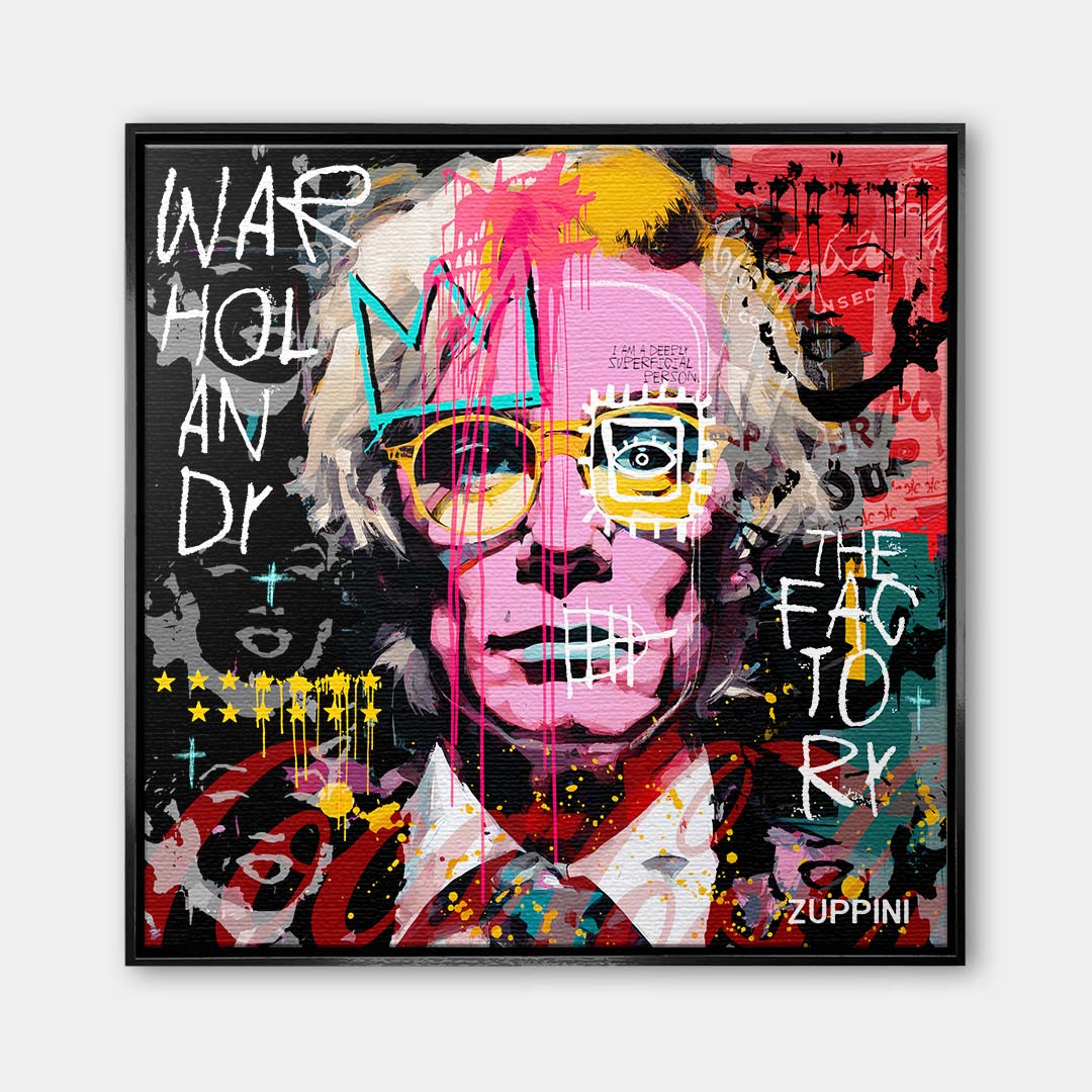 Nowoczesny obraz na płótnie z portretem Andy'ego Warhola w stylu pop-art i street art z napisami graffiti. Wydruk galeryjny, marka Huephant.