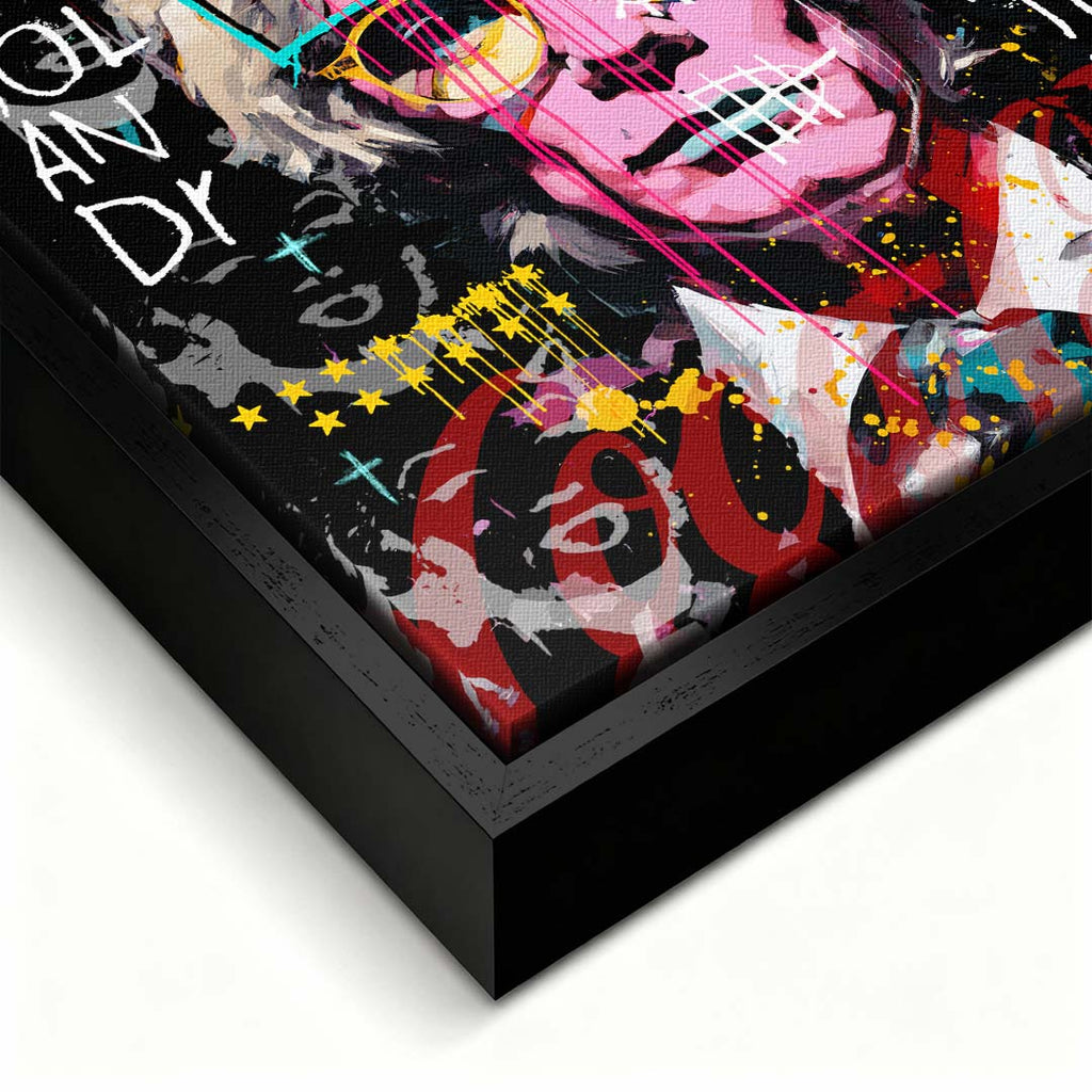 Nowoczesny obraz na płótnie z portretem Andy'ego Warhola w stylu pop-art i street art z napisami graffiti. Wydruk galeryjny, marka Huephant.