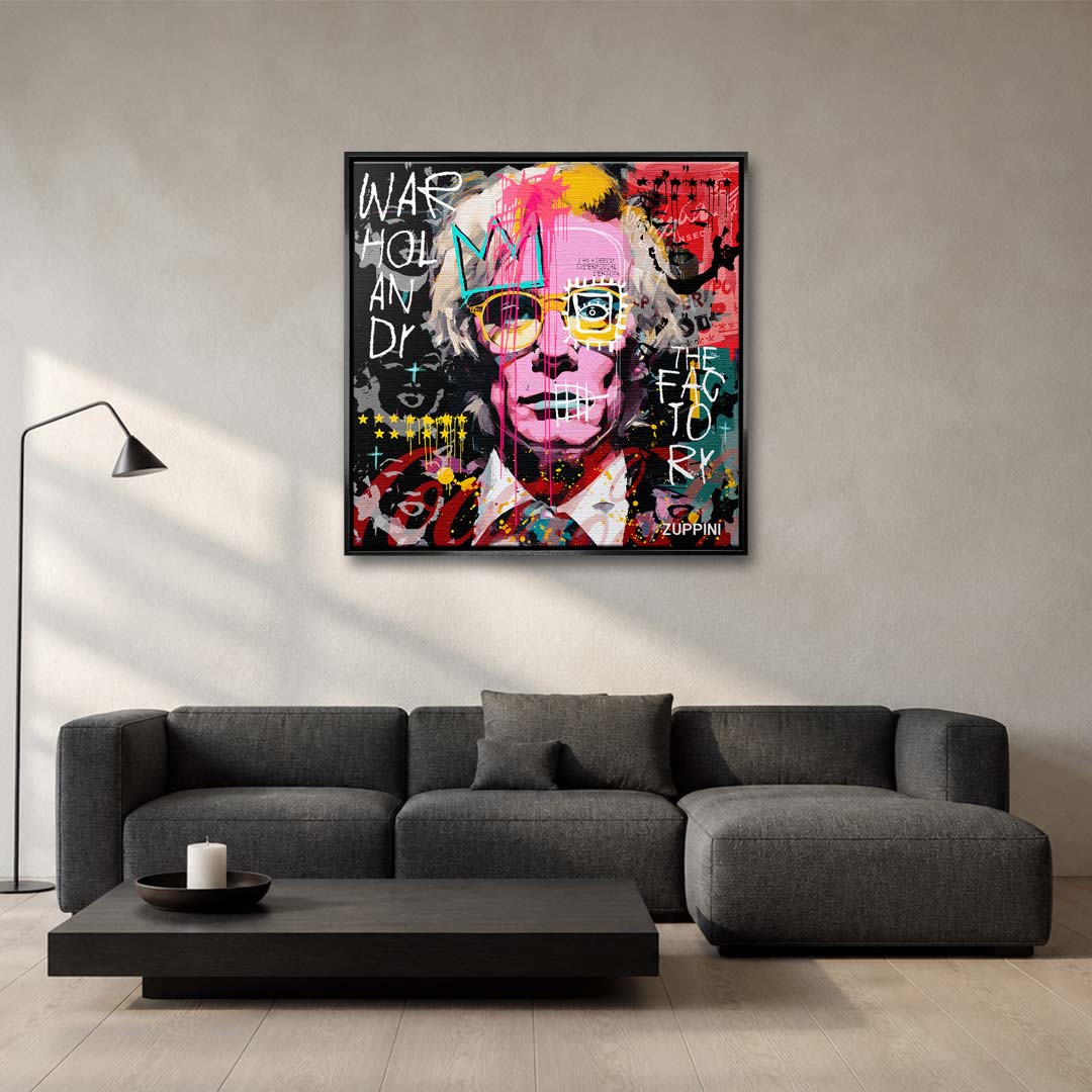 Nowoczesny obraz na płótnie z portretem Andy'ego Warhola w stylu pop-art i street art z napisami graffiti. Wydruk galeryjny, marka Huephant.