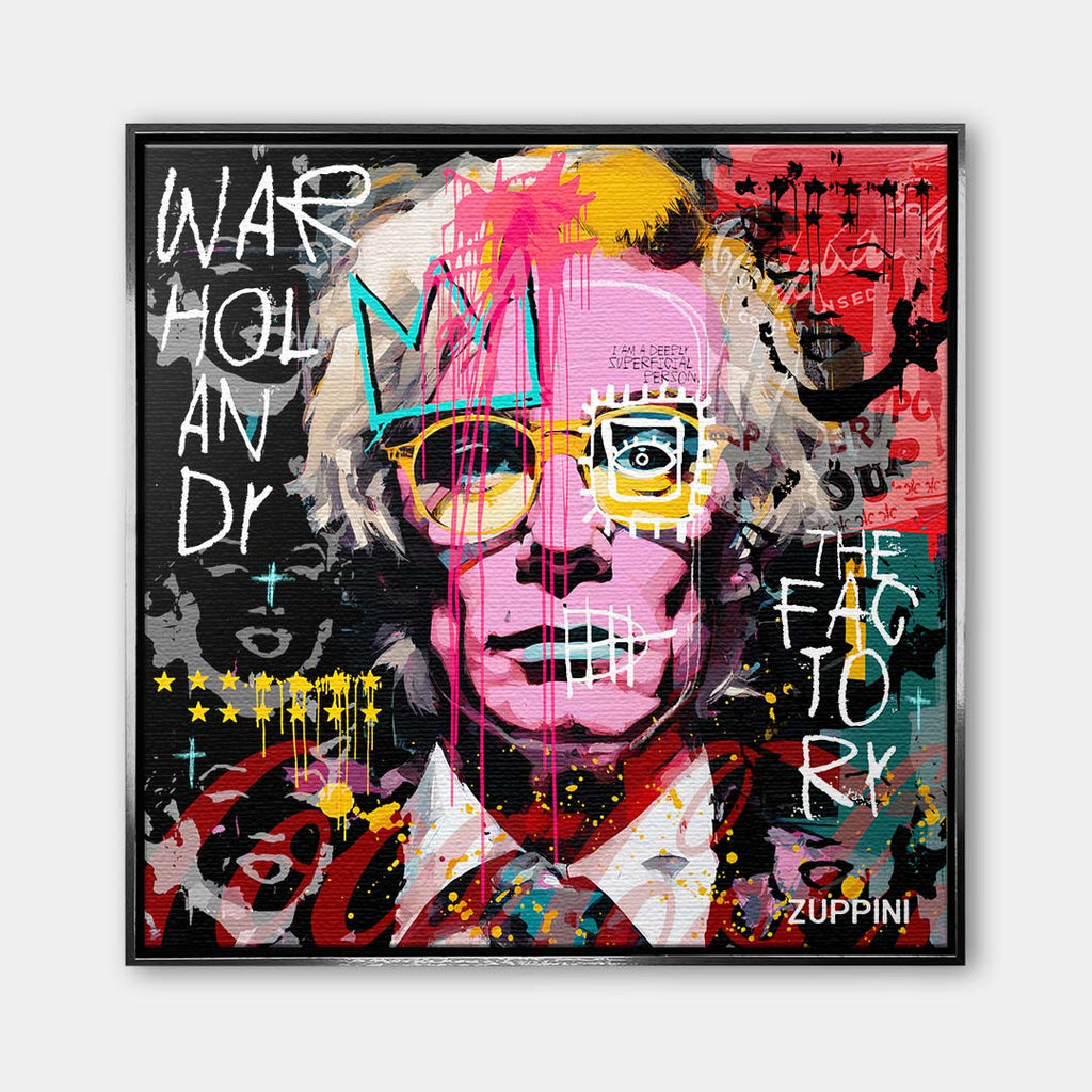 Nowoczesny obraz na płótnie z portretem Andy'ego Warhola w stylu pop-art i street art z napisami graffiti. Wydruk galeryjny, marka Huephant.