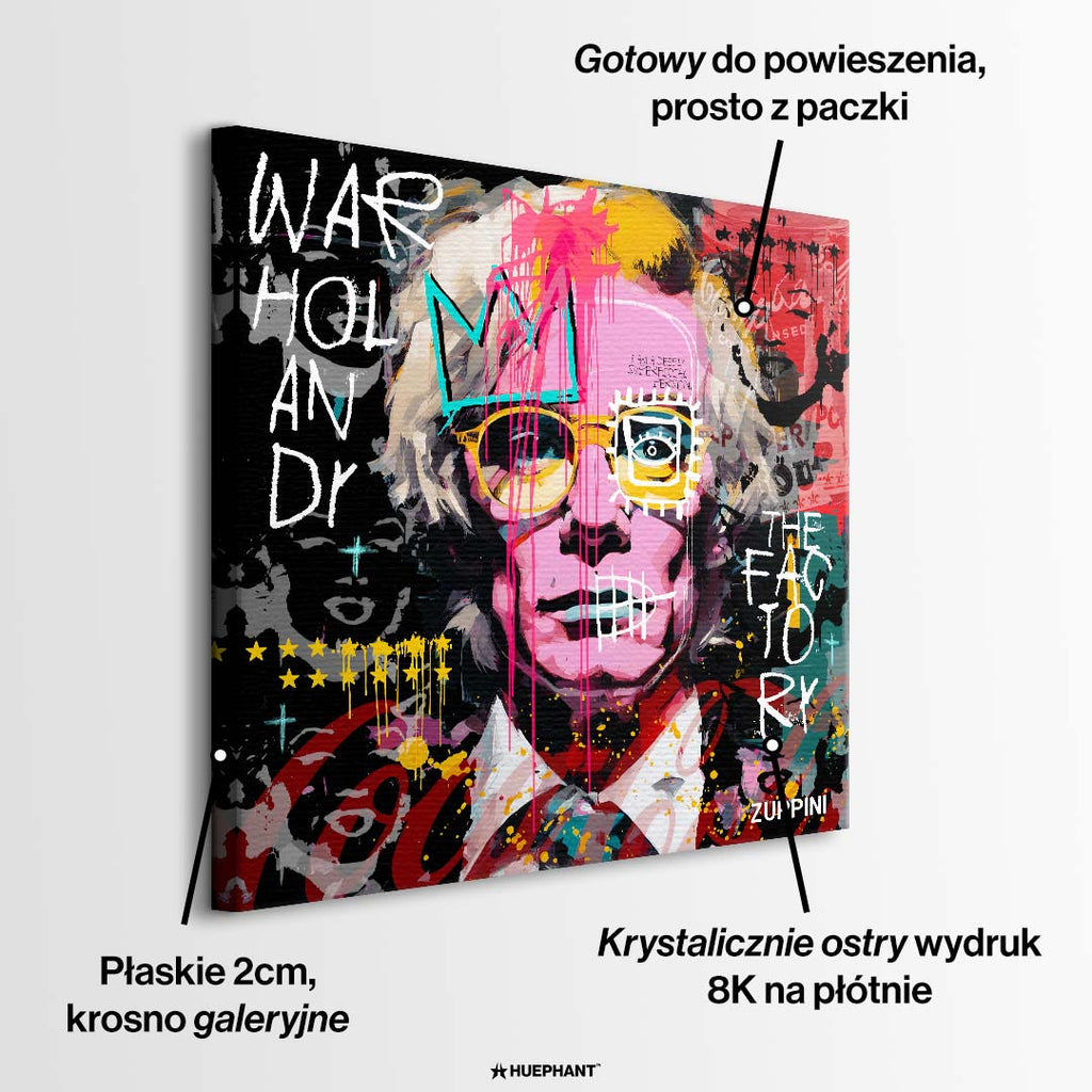 Nowoczesny obraz na płótnie z portretem Andy'ego Warhola w stylu pop-art i street art z napisami graffiti. Wydruk galeryjny, marka Huephant.