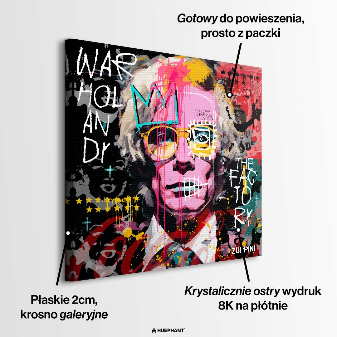 Nowoczesny obraz na płótnie z portretem Andy'ego Warhola w stylu pop-art i street art z napisami graffiti. Wydruk galeryjny, marka Huephant.